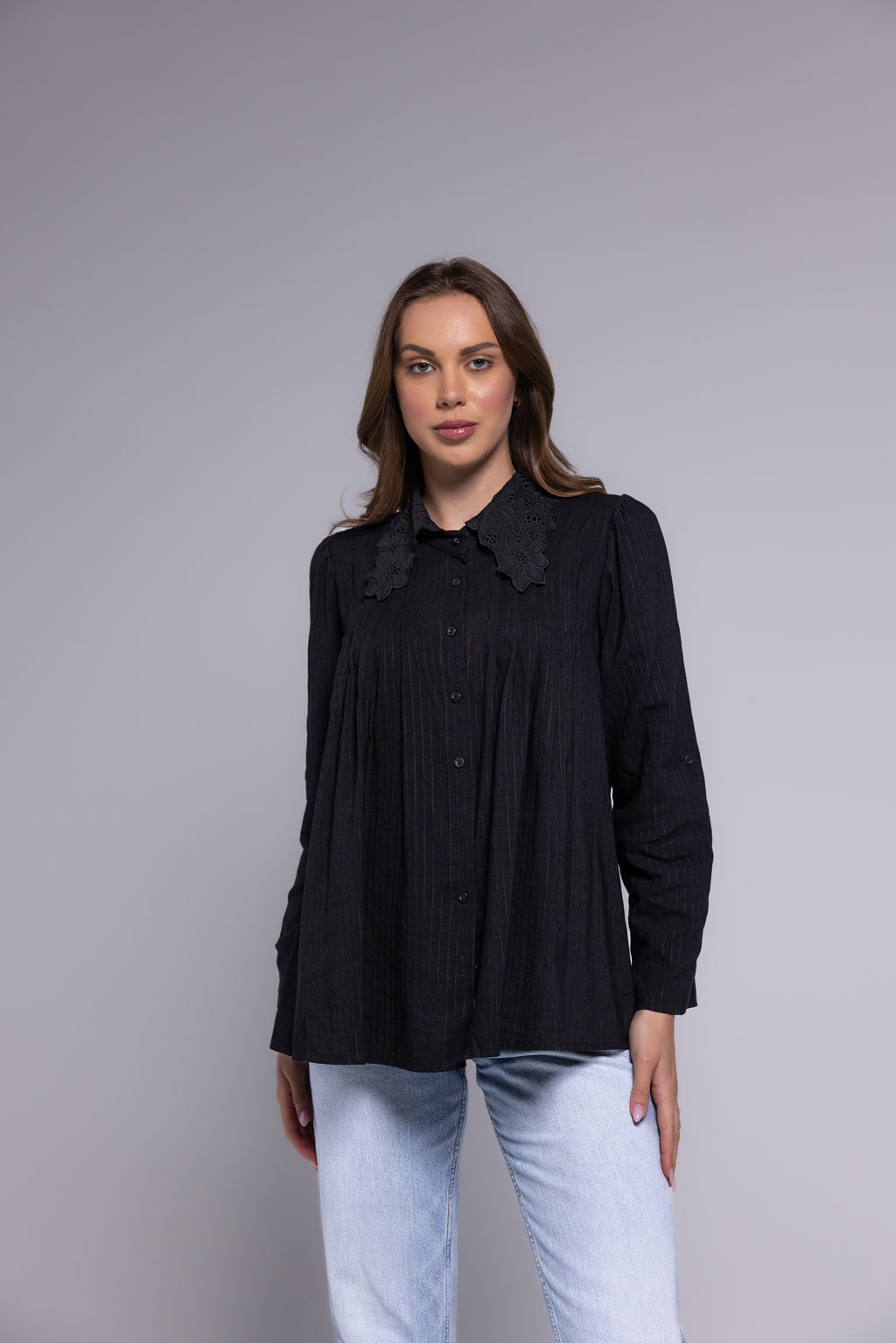 Elegant Black Button-Up Blouse with Lace Collar