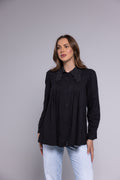 Elegant Black Button-Up Blouse with Lace Collar