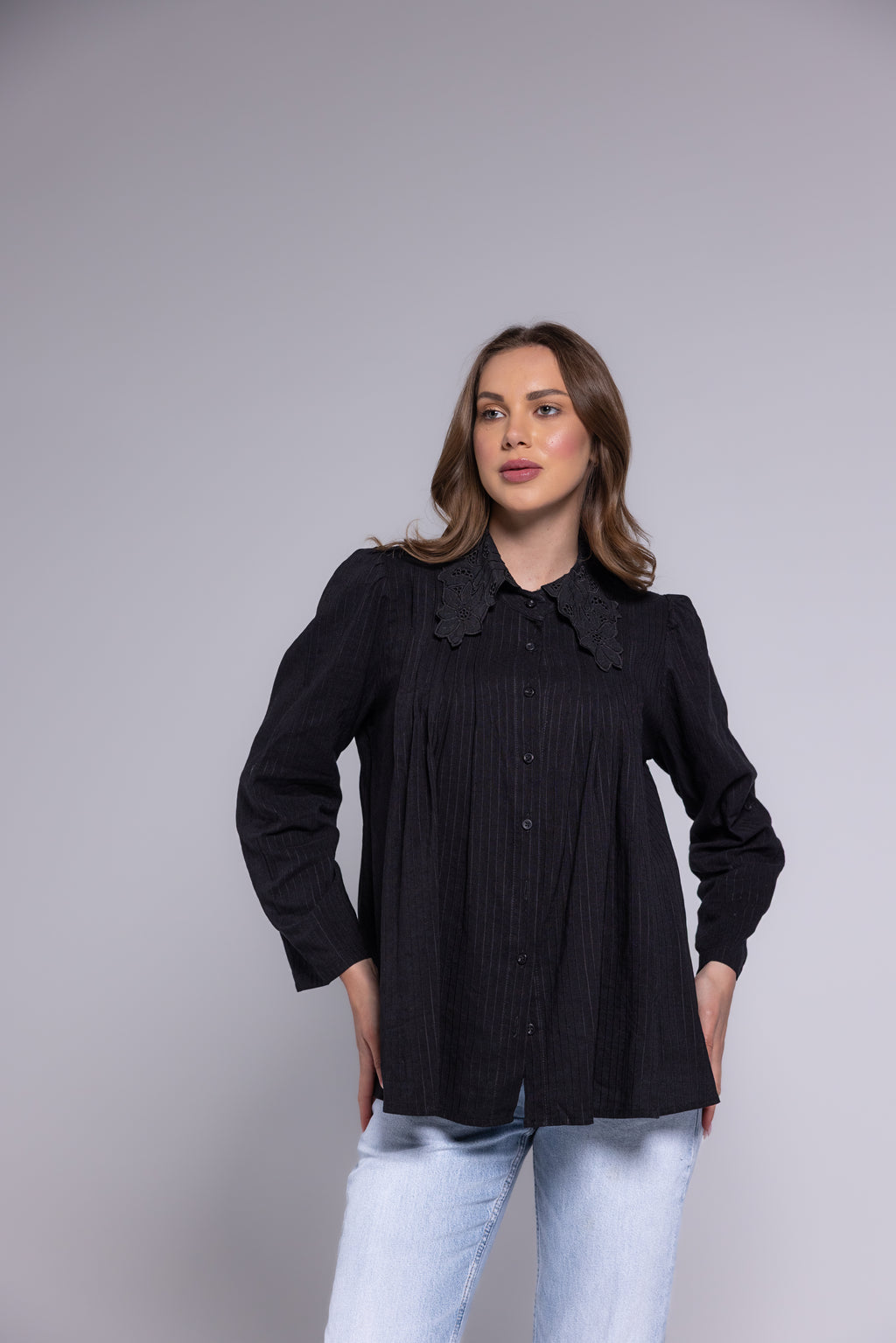 Elegant Black Button-Up Blouse with Lace Collar