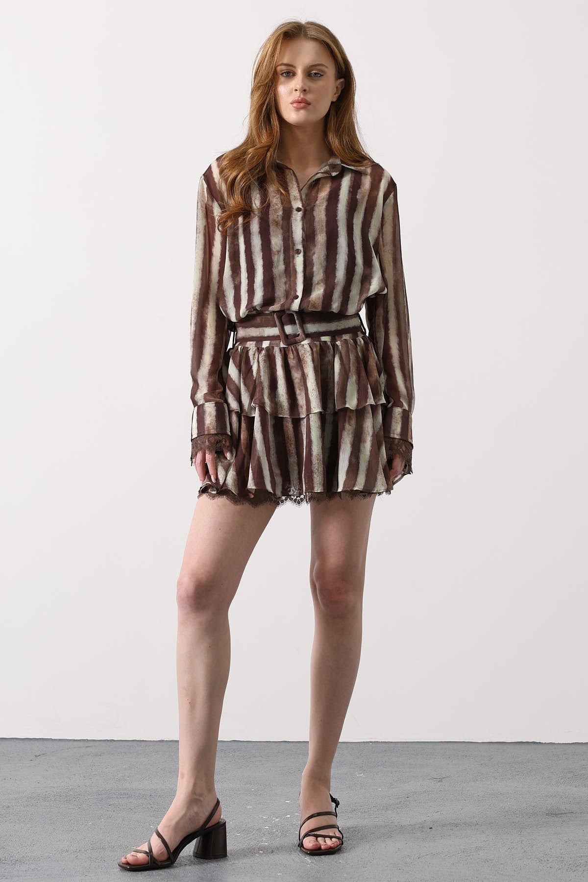 Striped Belted Ruffle Mini Dress
