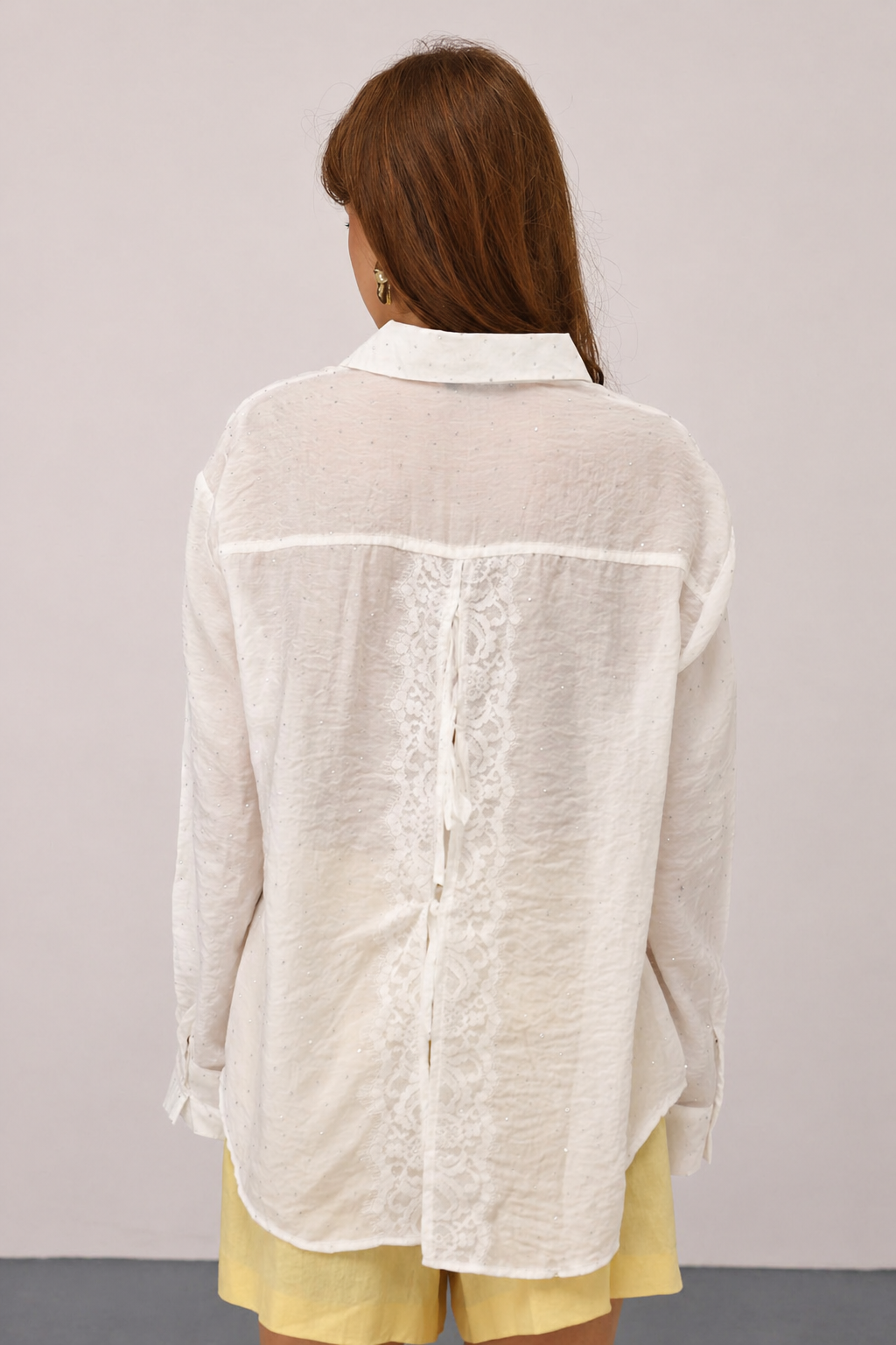 Elegant Sheer White Blouse with Lace Back Detail