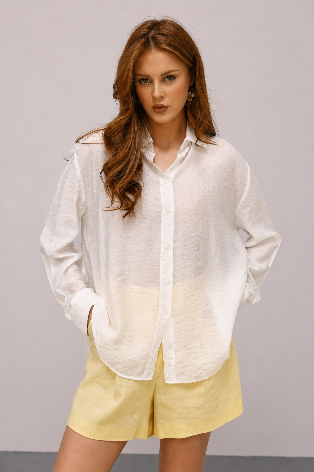 Elegant Sheer White Blouse with Lace Back Detail