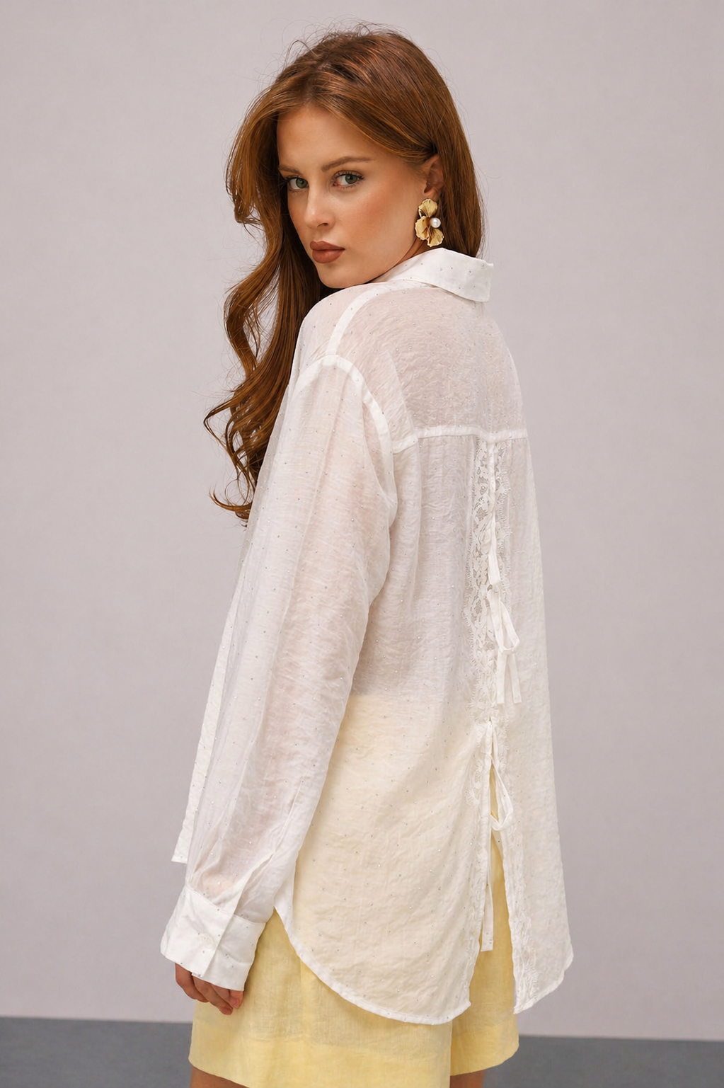 Elegant Sheer White Blouse with Lace Back Detail