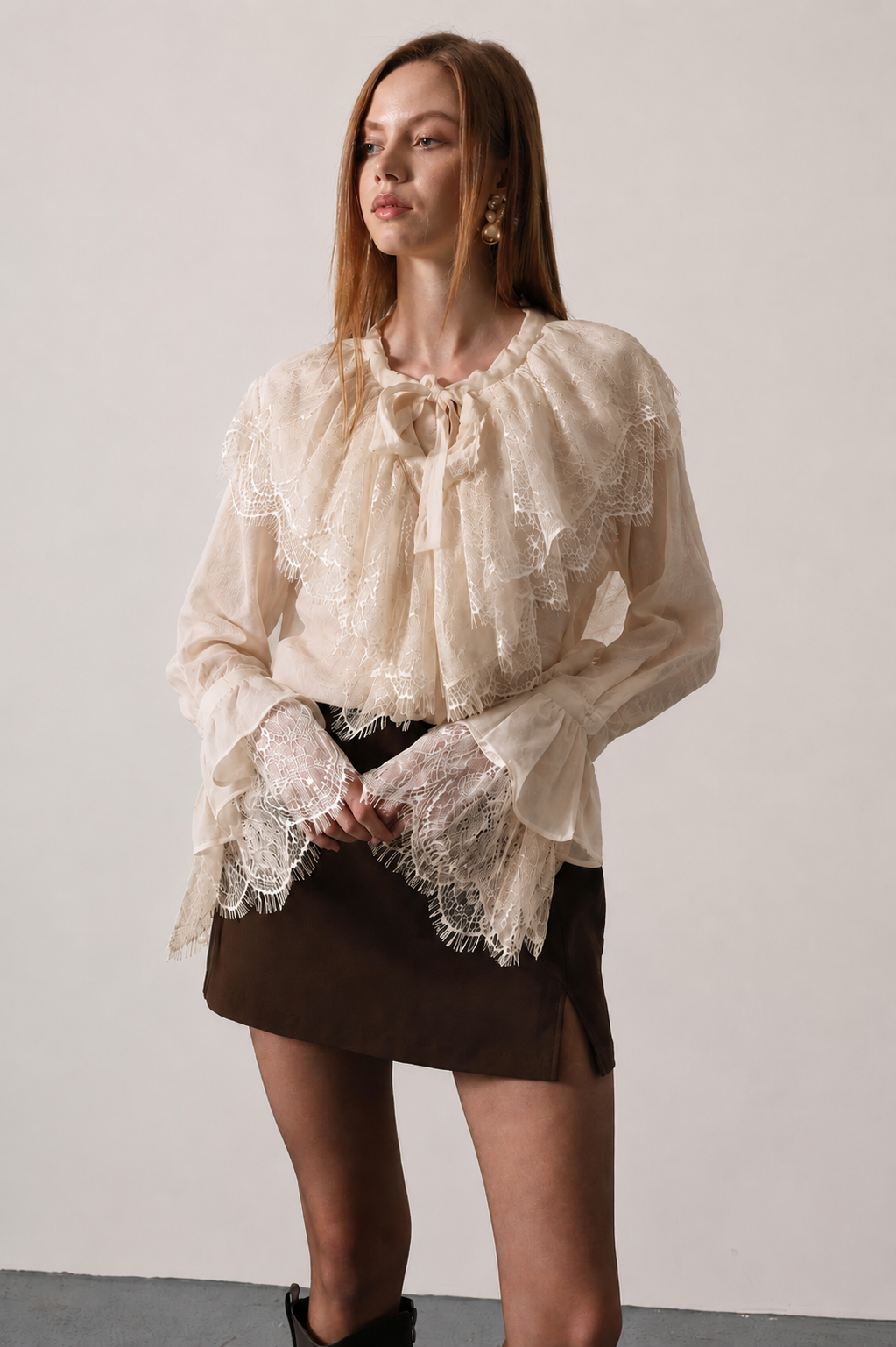 Lace Tie-Neck Chemise Blouse