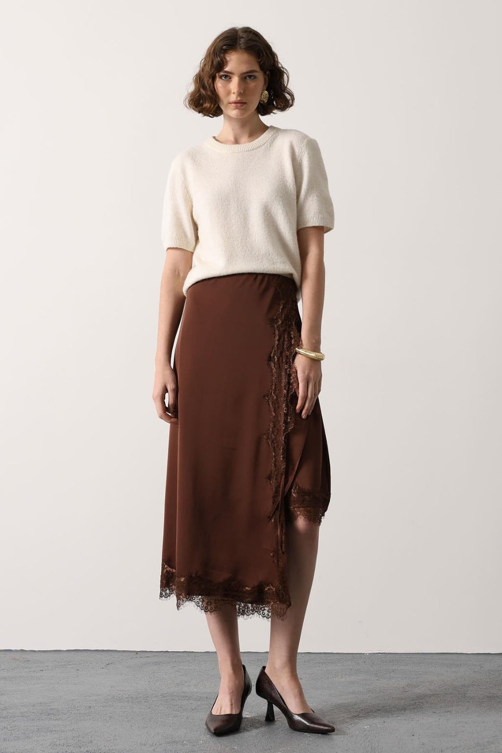 Lace Satin Midi Skirt