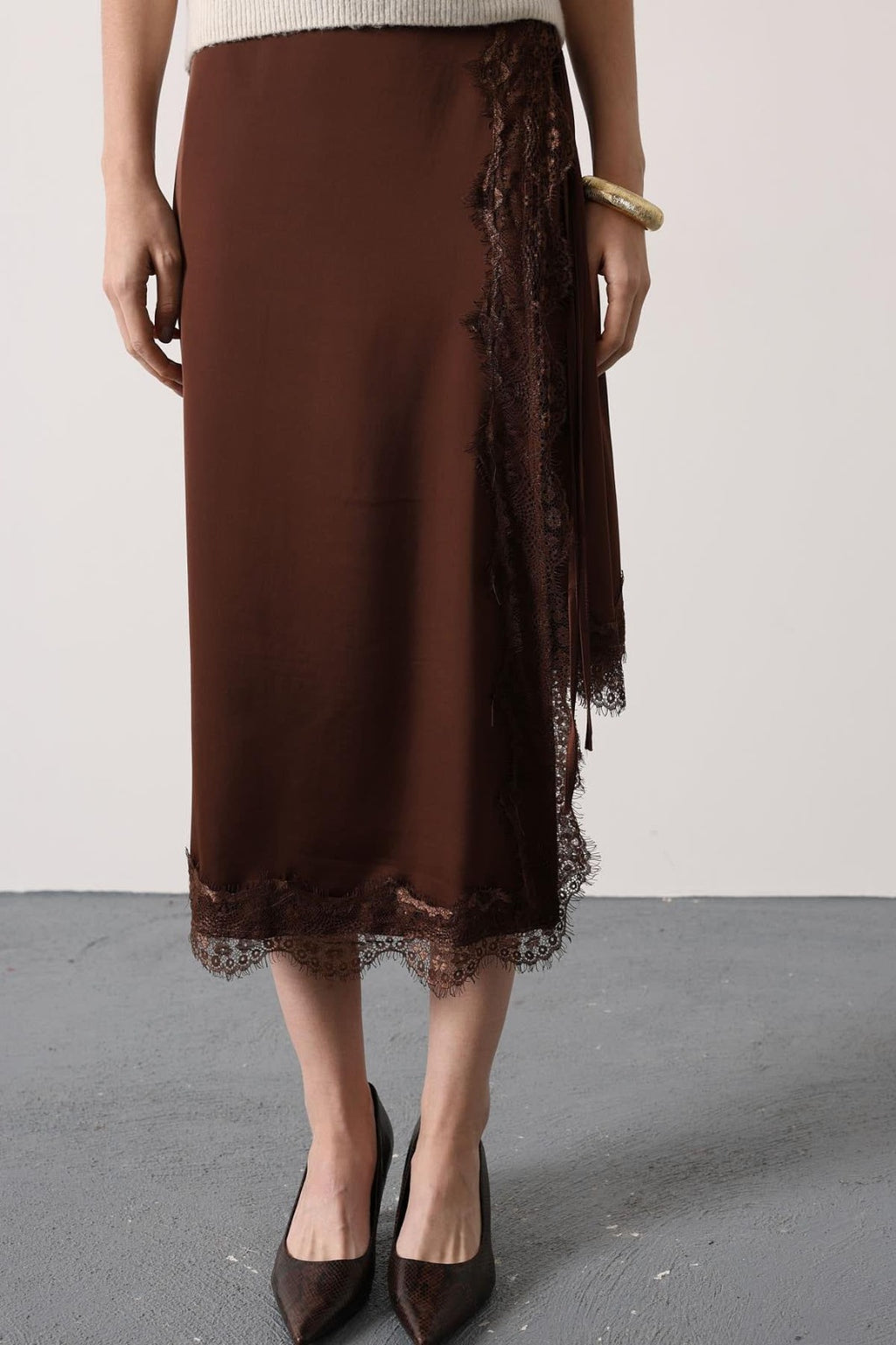 Lace Satin Midi Skirt