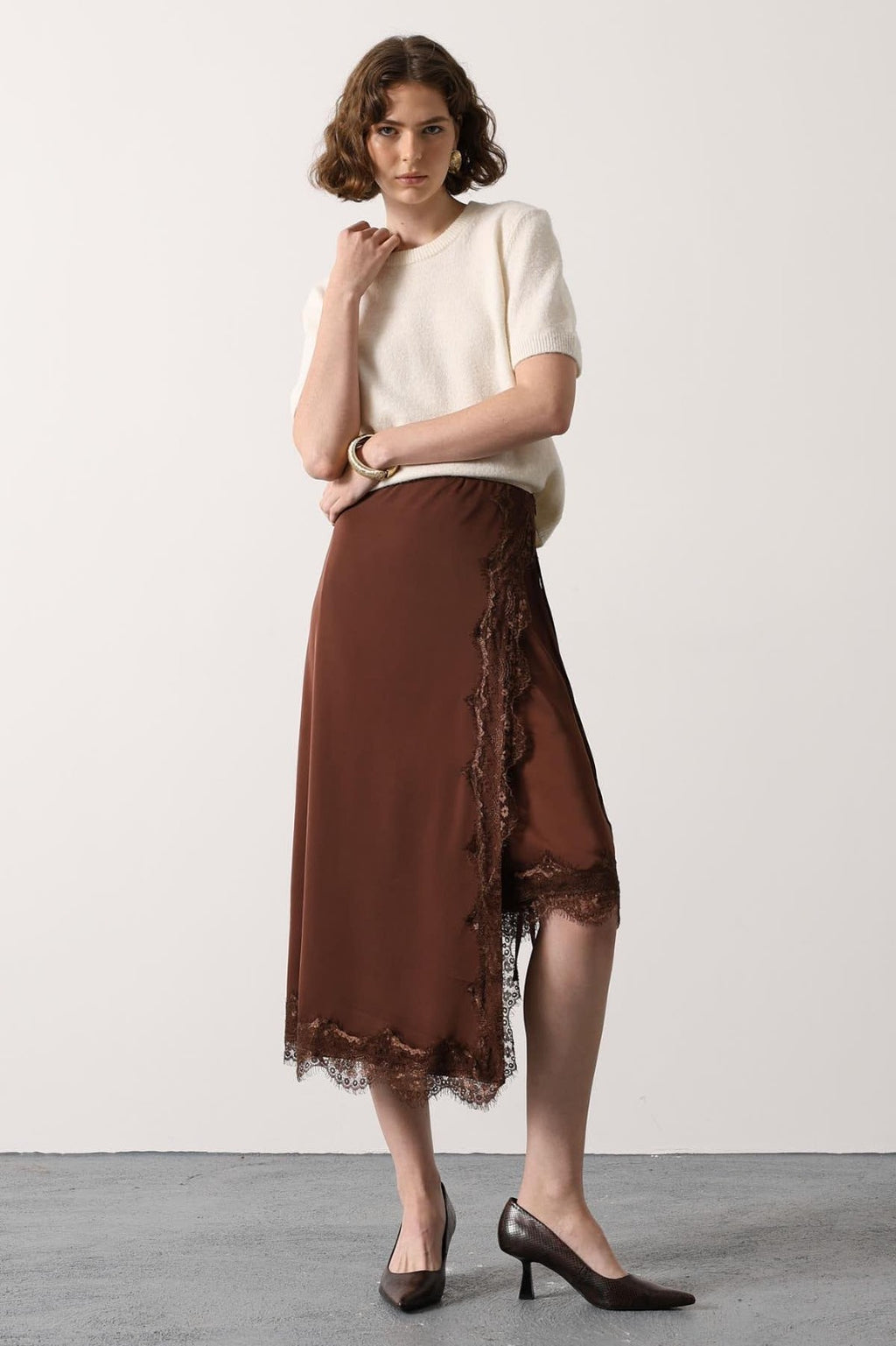 Lace Satin Midi Skirt
