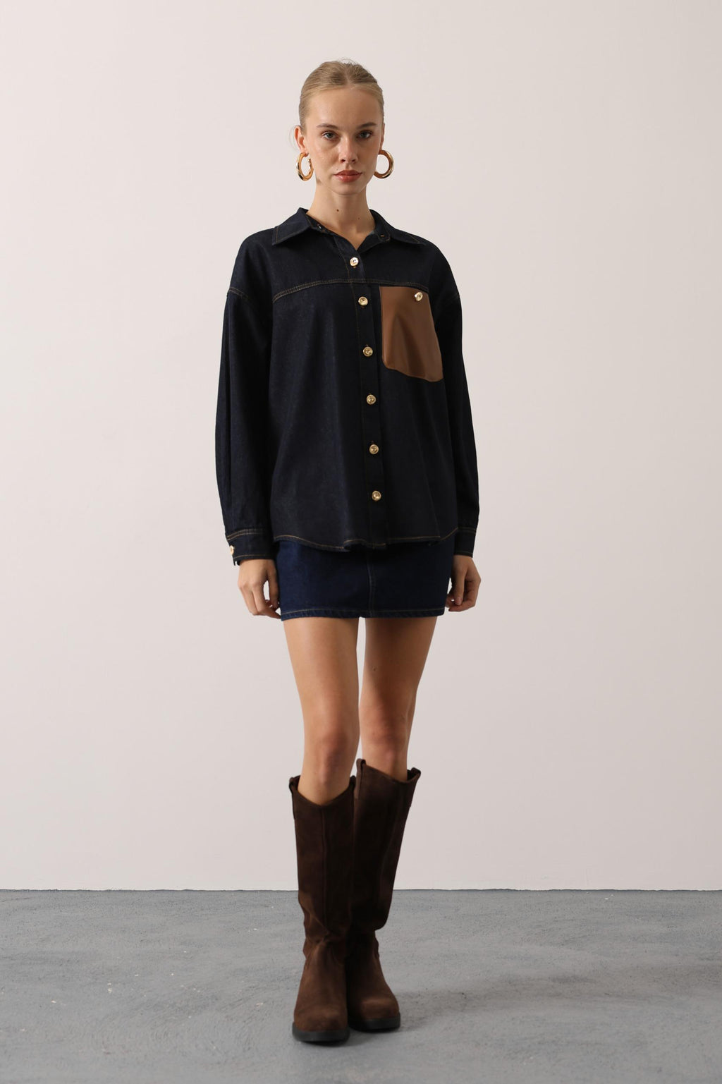 Dark Denim Shirt with Faux Leather Pocket