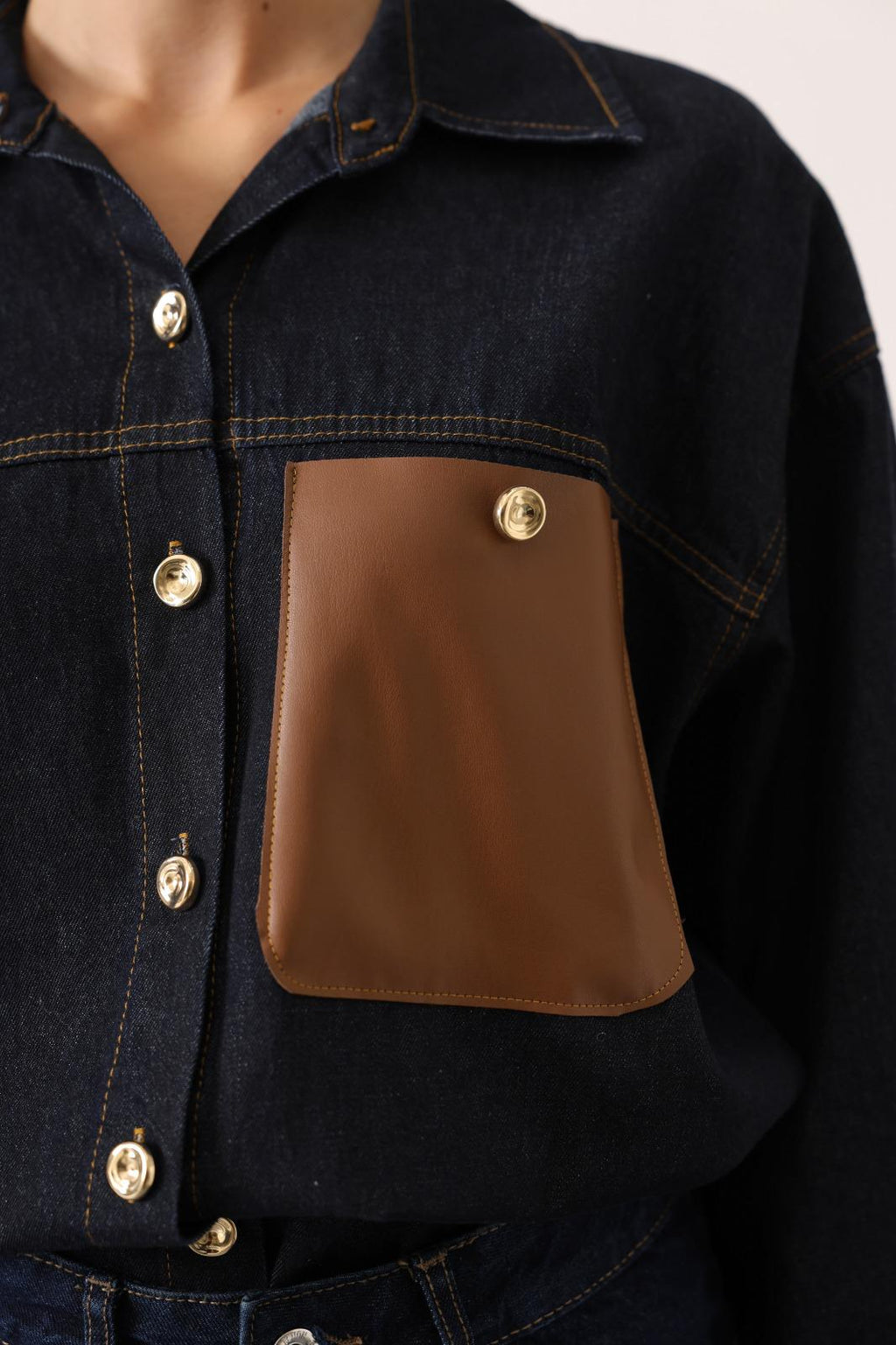 Dark Denim Shirt with Faux Leather Pocket