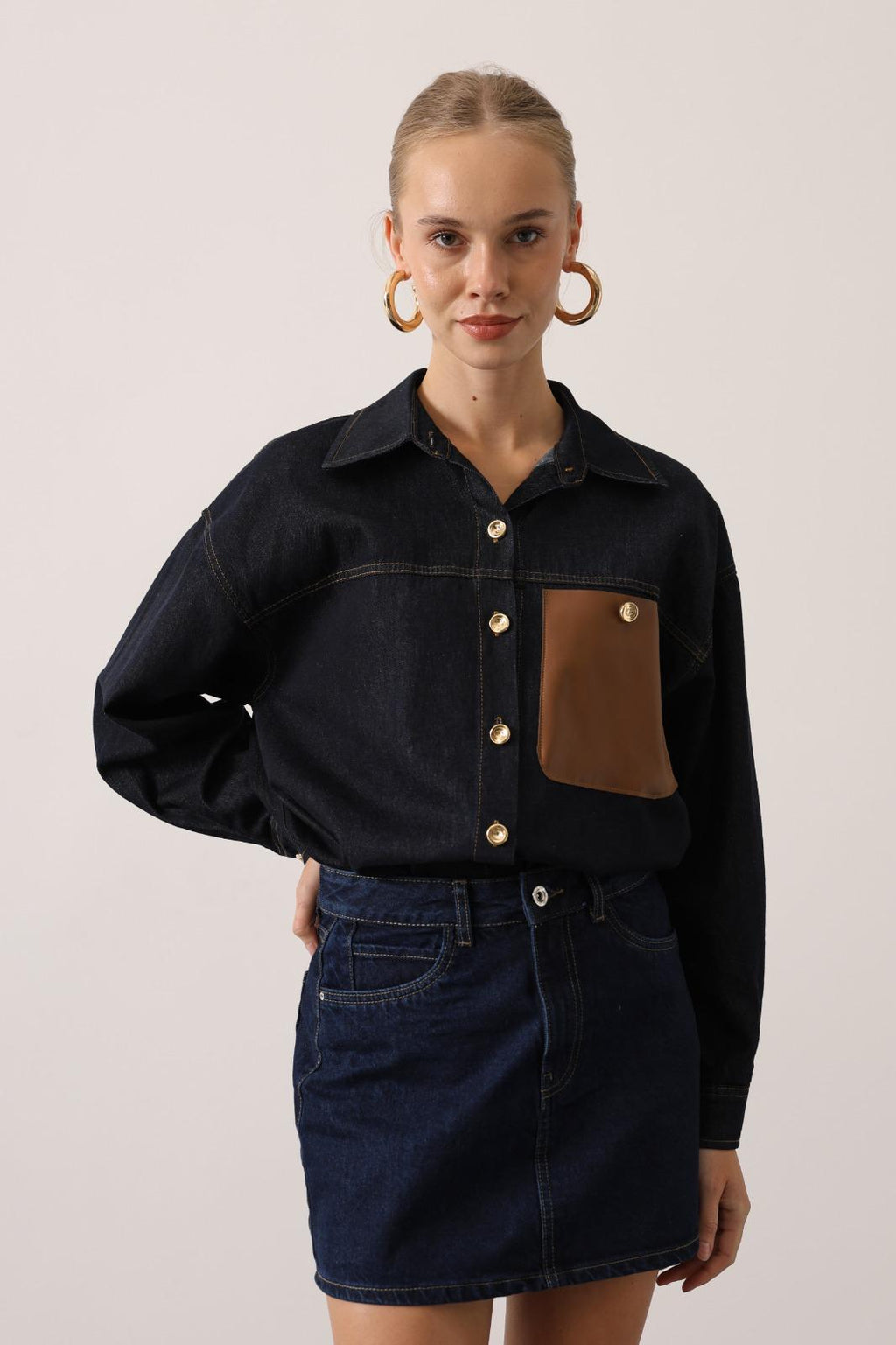 Dark Denim Shirt with Faux Leather Pocket
