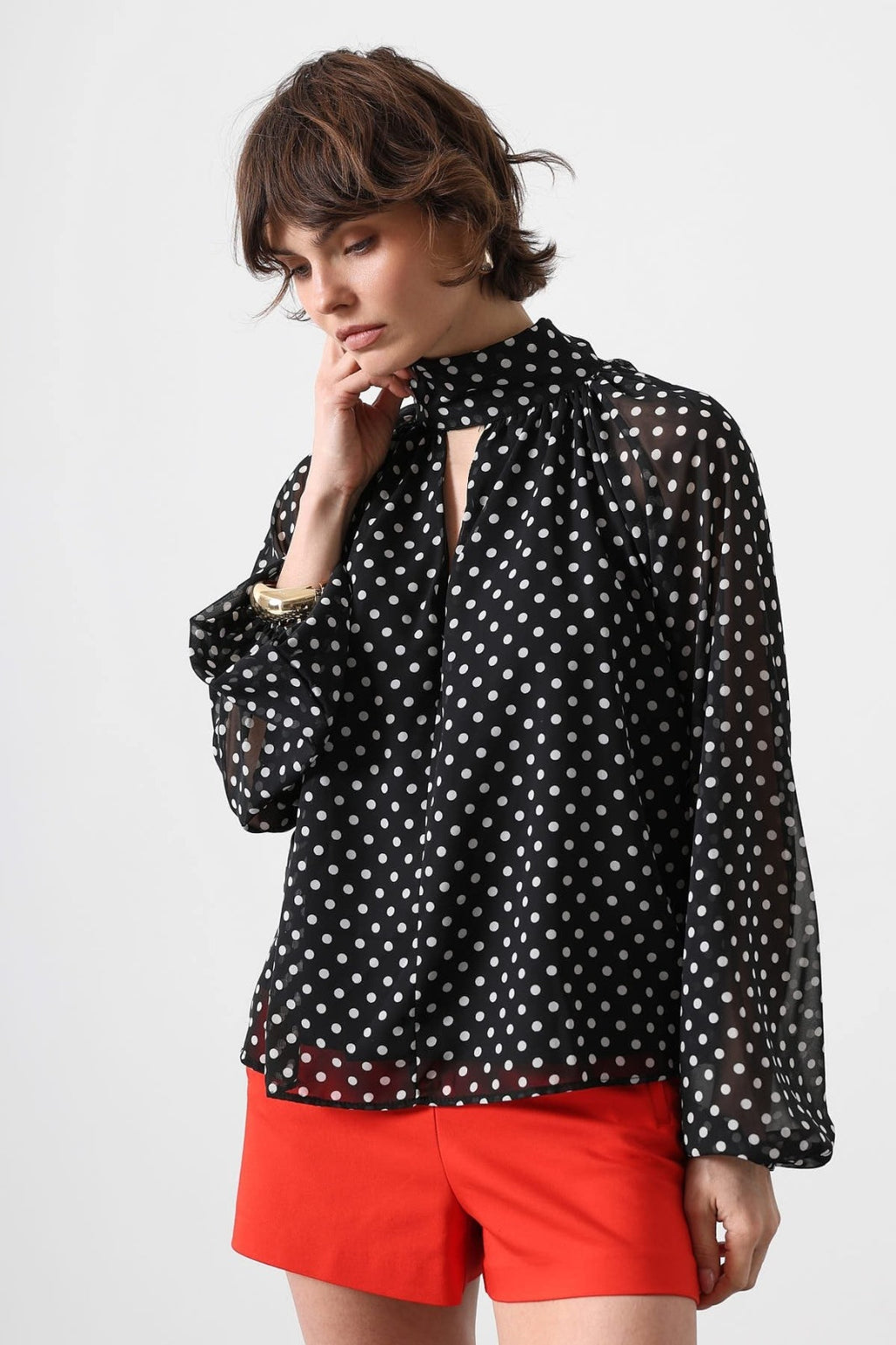Elegant Polka Dot Sheer Sleeve Blouse