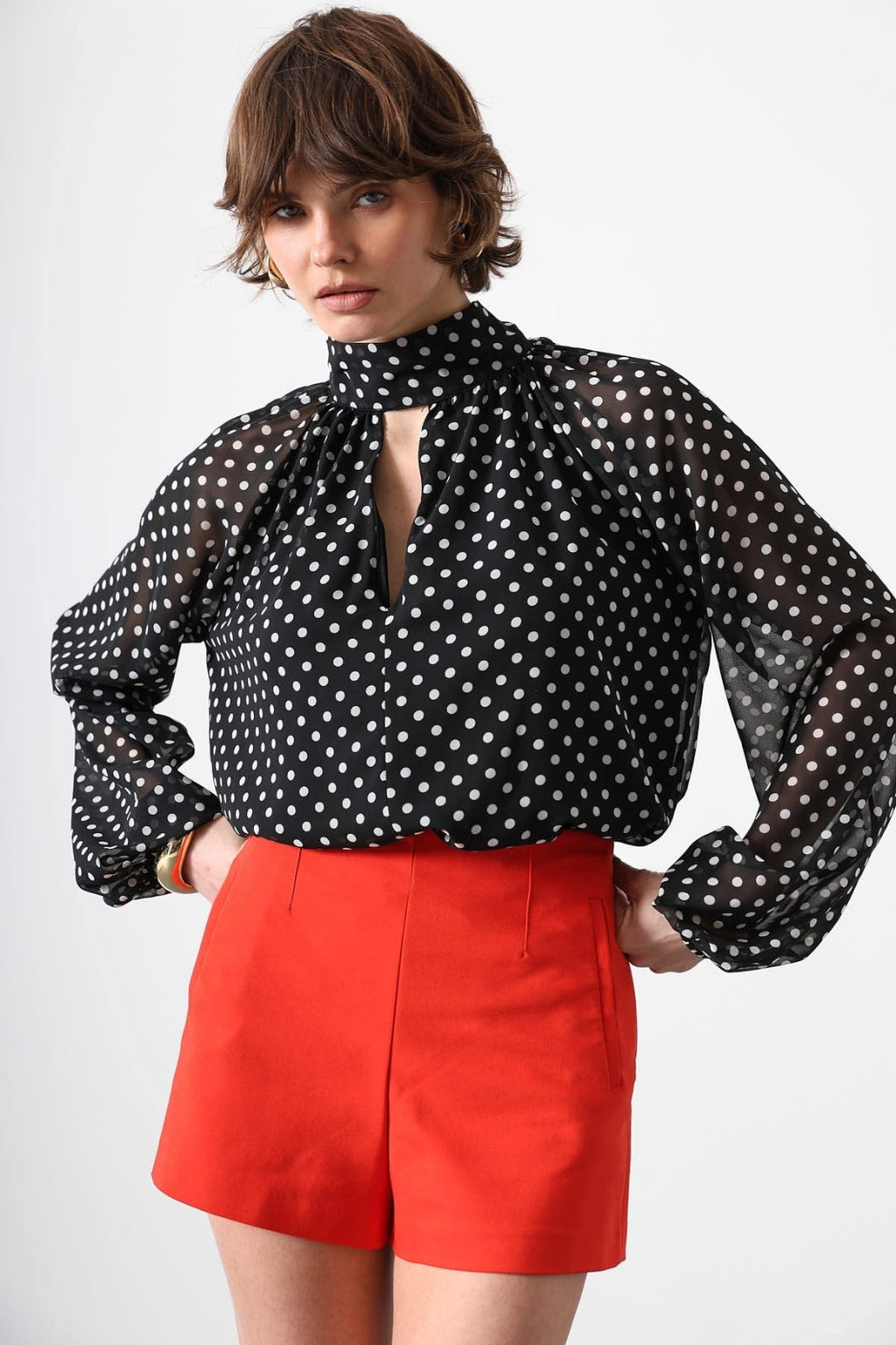 Elegant Polka Dot Sheer Sleeve Blouse