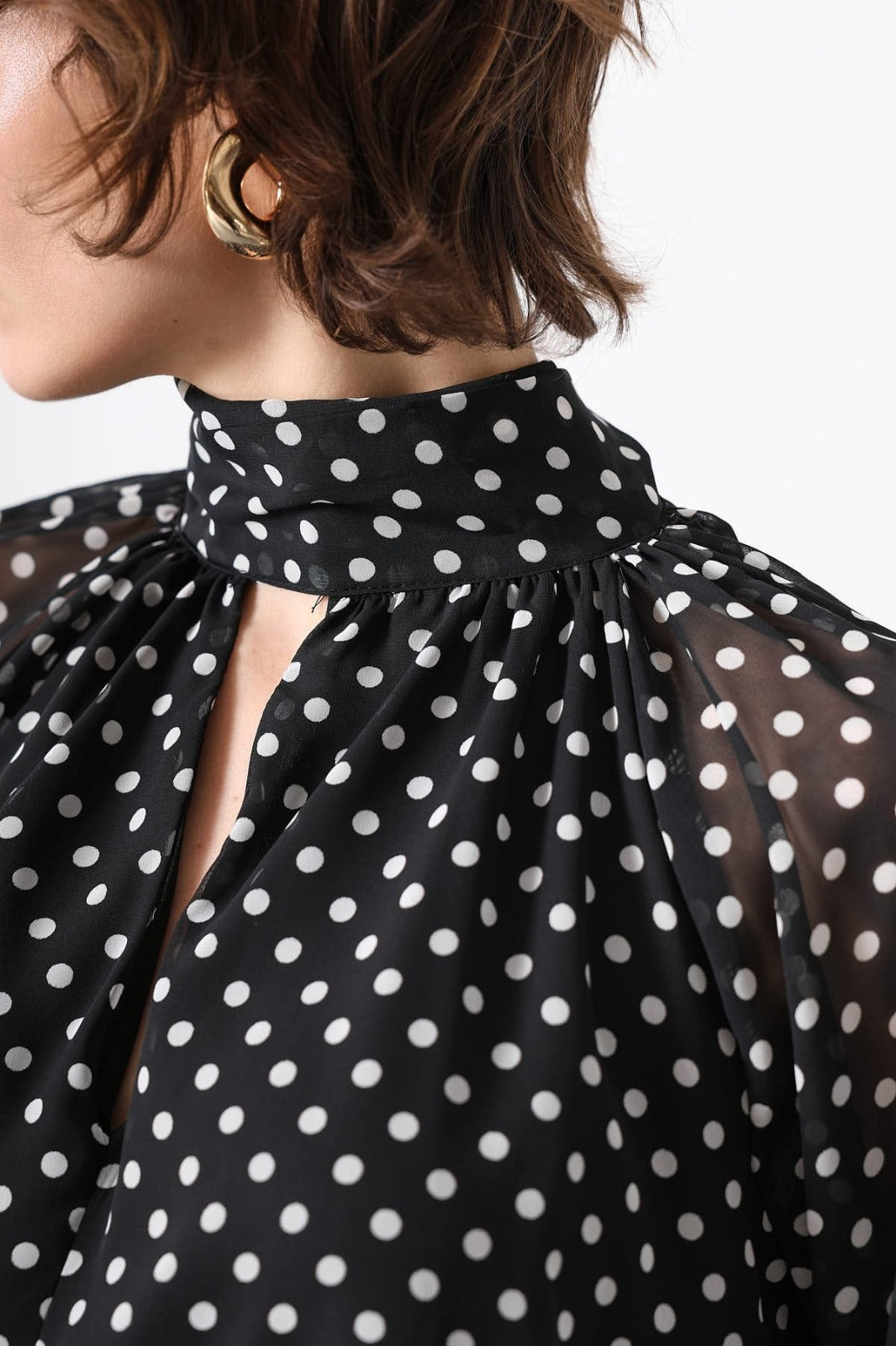 Elegant Polka Dot Sheer Sleeve Blouse