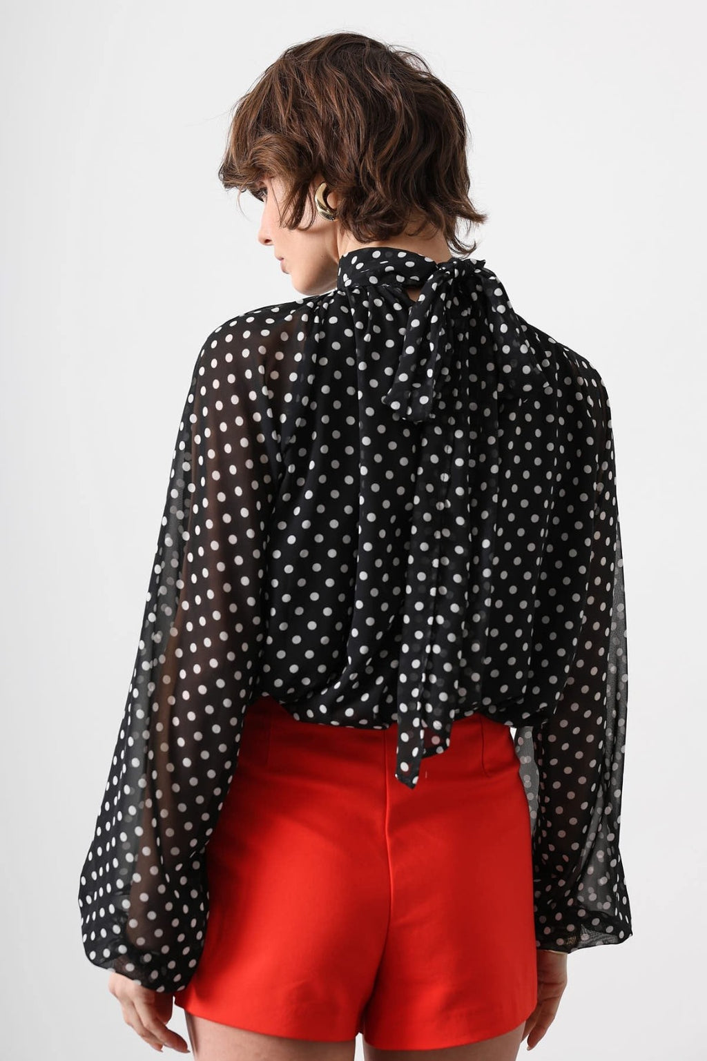 Elegant Polka Dot Sheer Sleeve Blouse