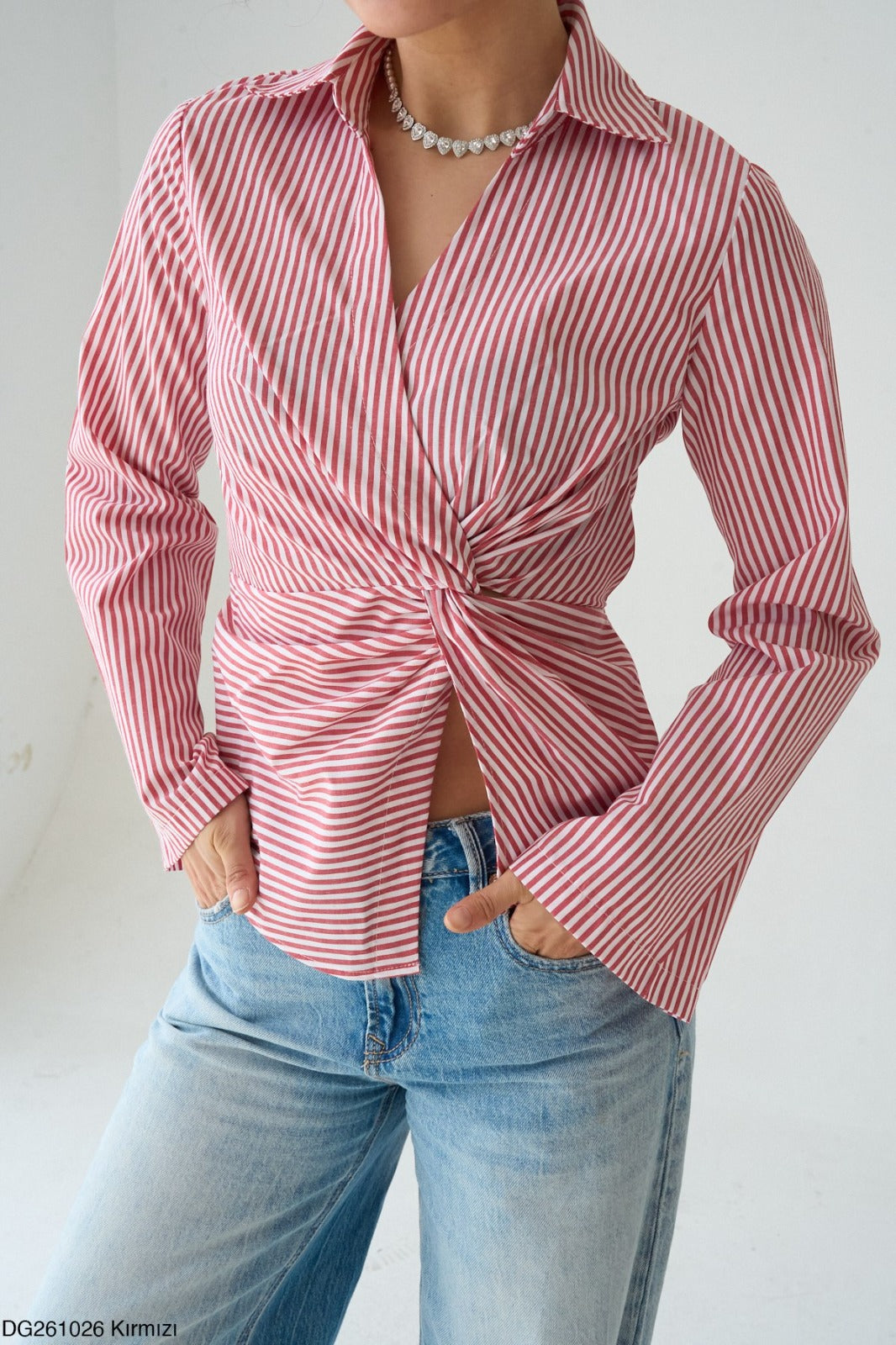 Striped Wrap Tie-Back Blouse