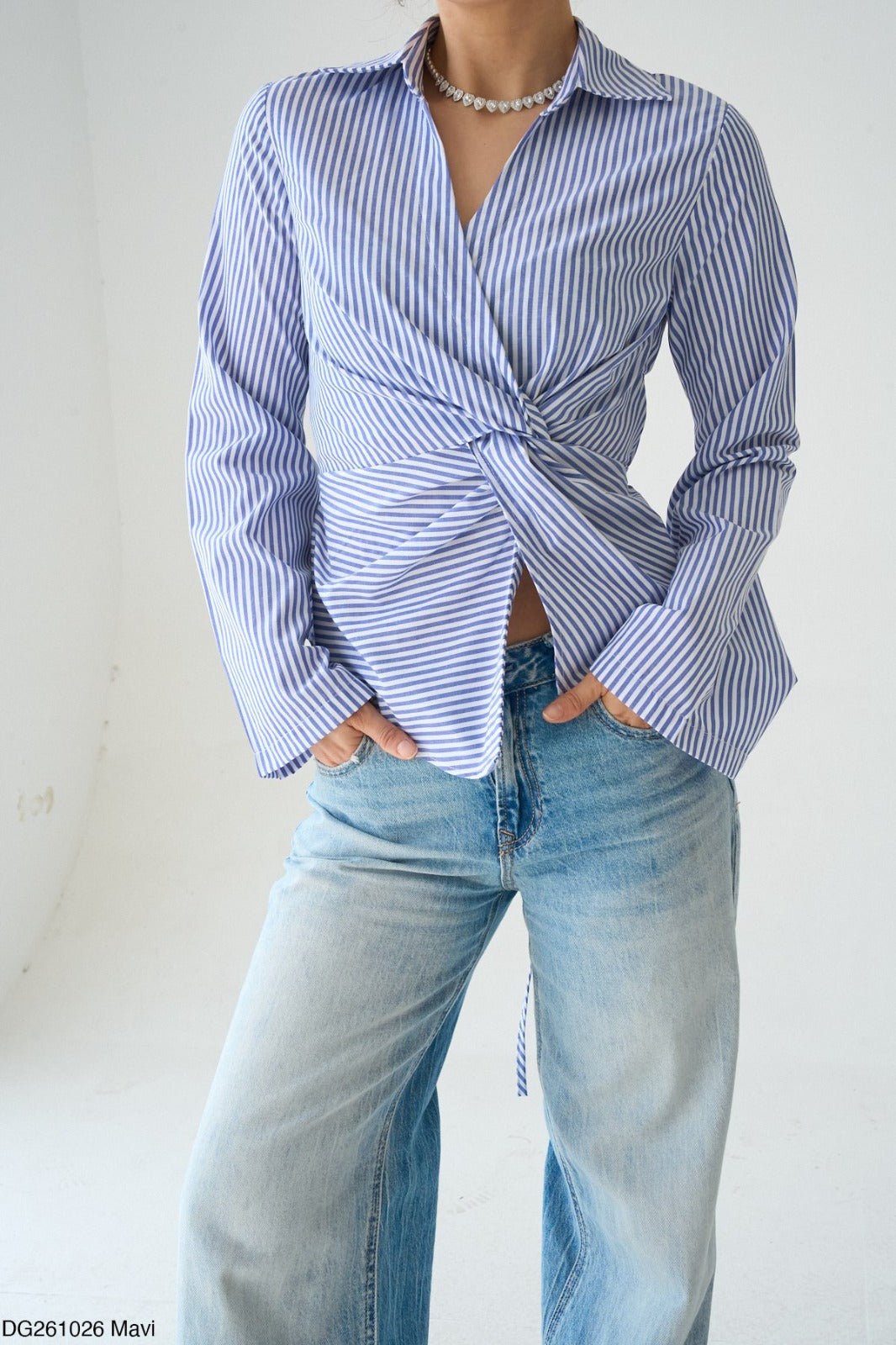 Striped Wrap Tie-Back Blouse