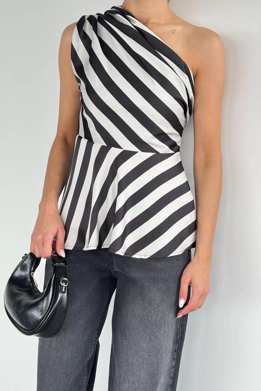 Chic One-Shoulder Peplum Stripe Top
