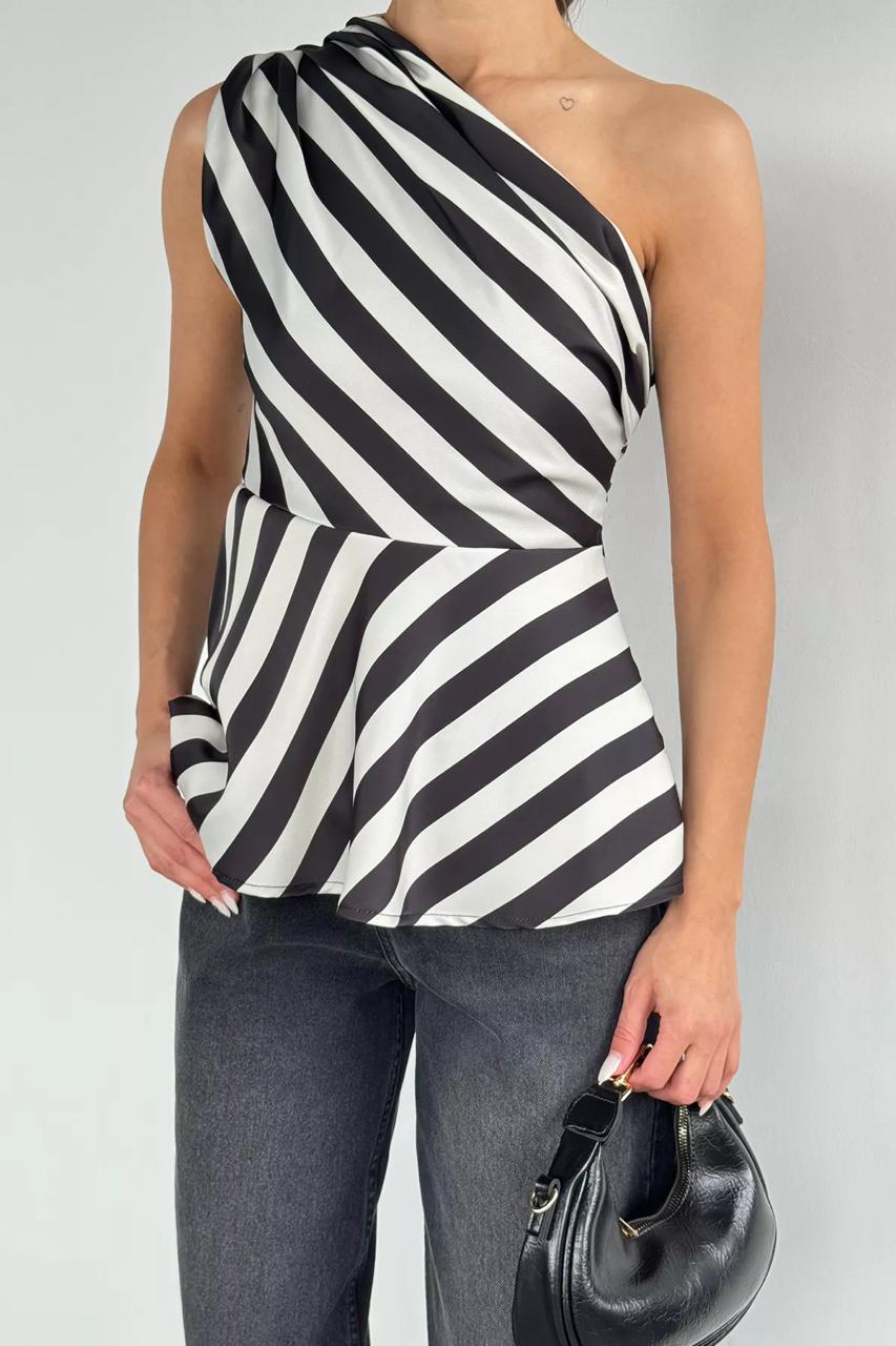 Chic One-Shoulder Peplum Stripe Top