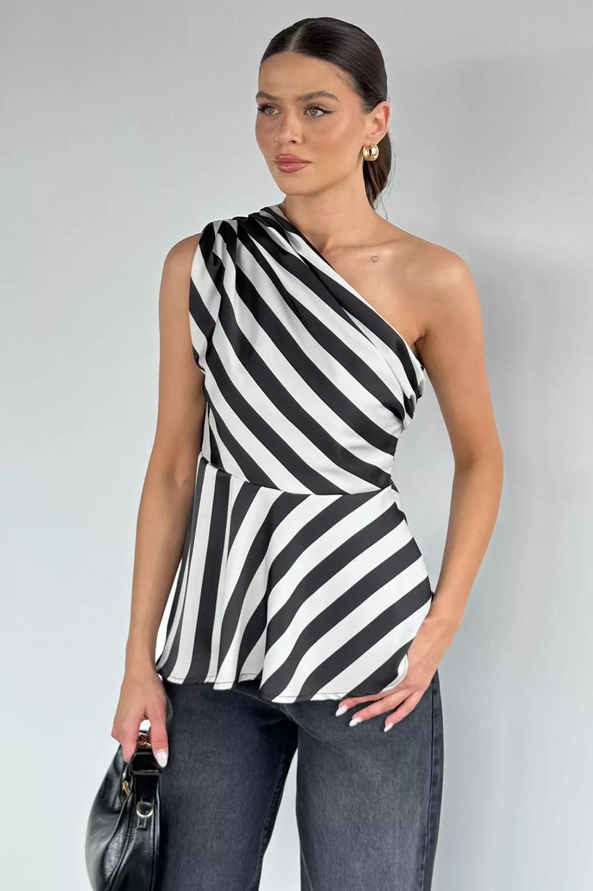 Chic One-Shoulder Peplum Stripe Top