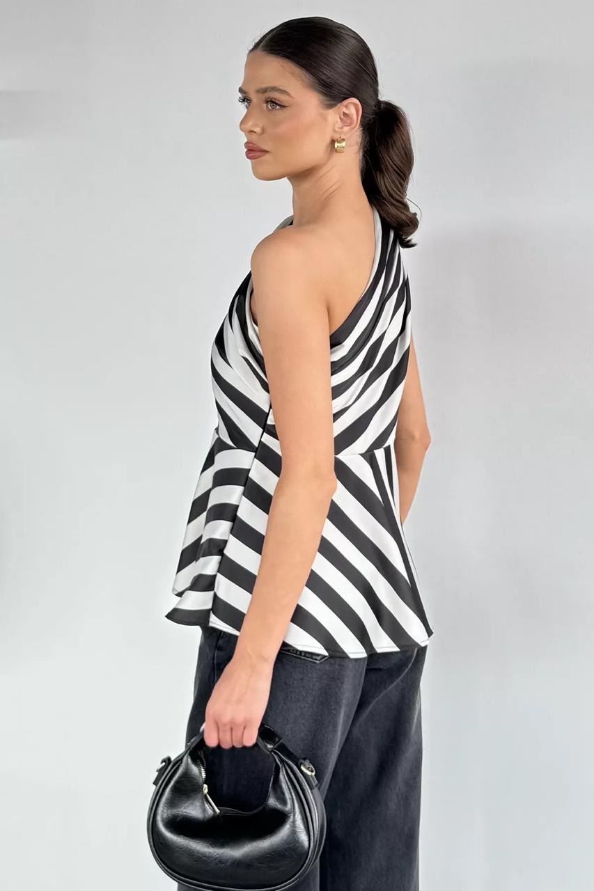 Chic One-Shoulder Peplum Stripe Top