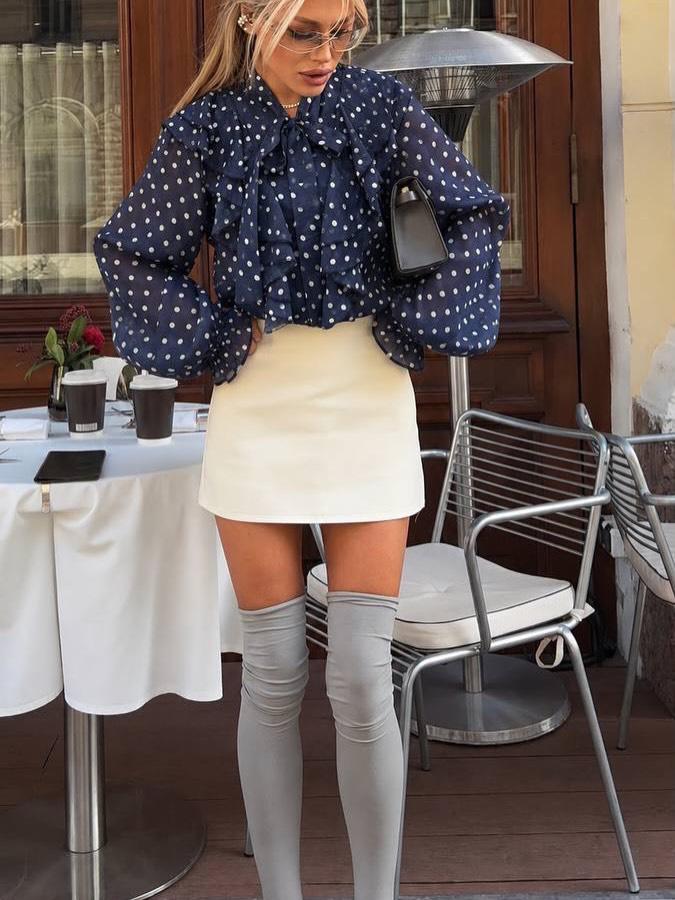 Elegant Polka Dot Ruffle Tie-Neck Blouse