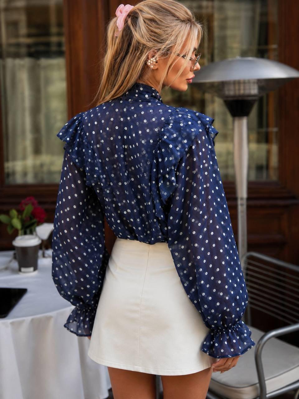 Elegant Polka Dot Ruffle Tie-Neck Blouse