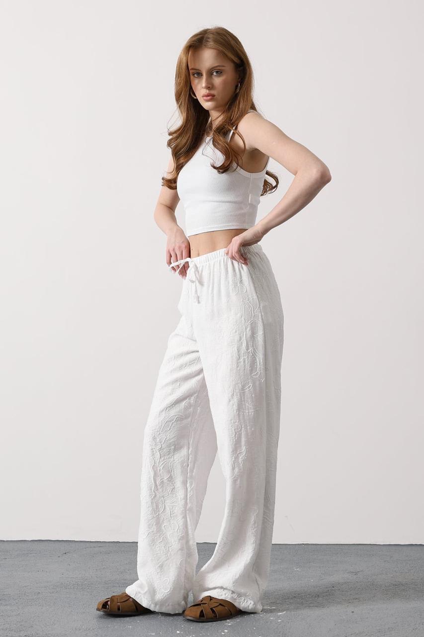 Ivory Floral Embroidered Wide-Leg Pants