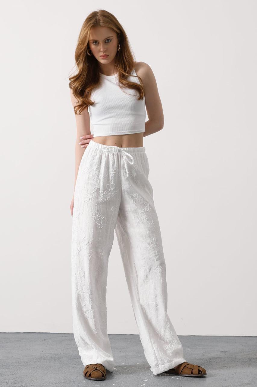 Ivory Floral Embroidered Wide-Leg Pants
