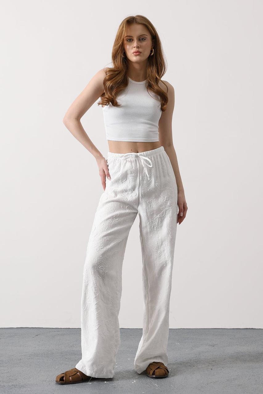 Ivory Floral Embroidered Wide-Leg Pants
