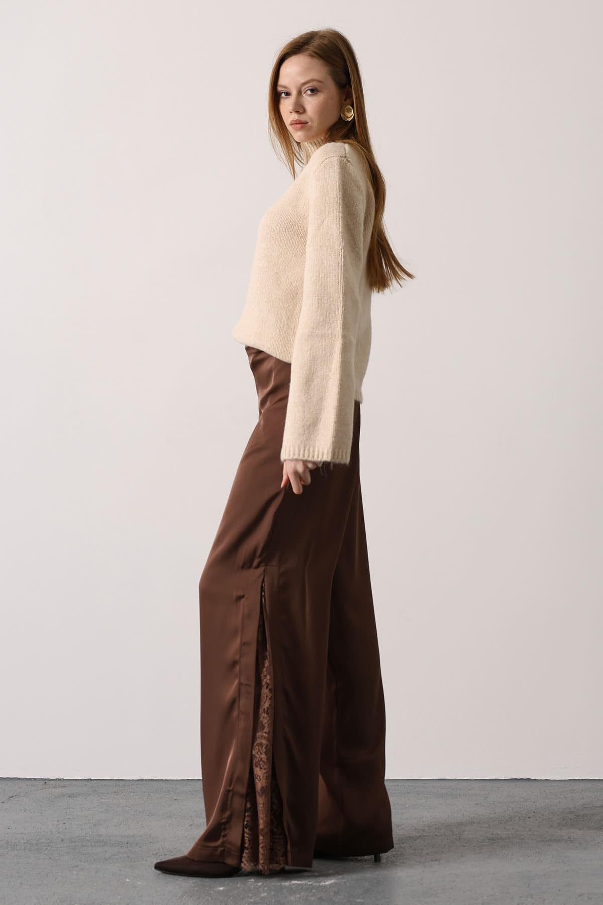 Elegant Satin Lace-Detail Wide-Leg Pants