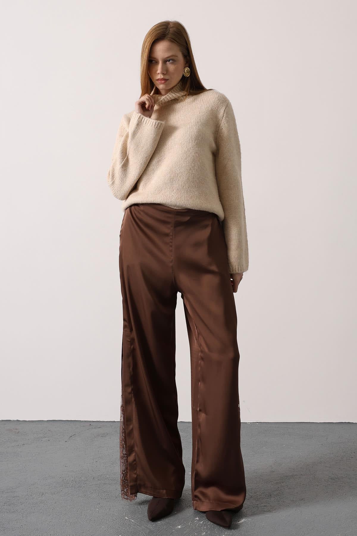 Elegant Satin Lace-Detail Wide-Leg Pants