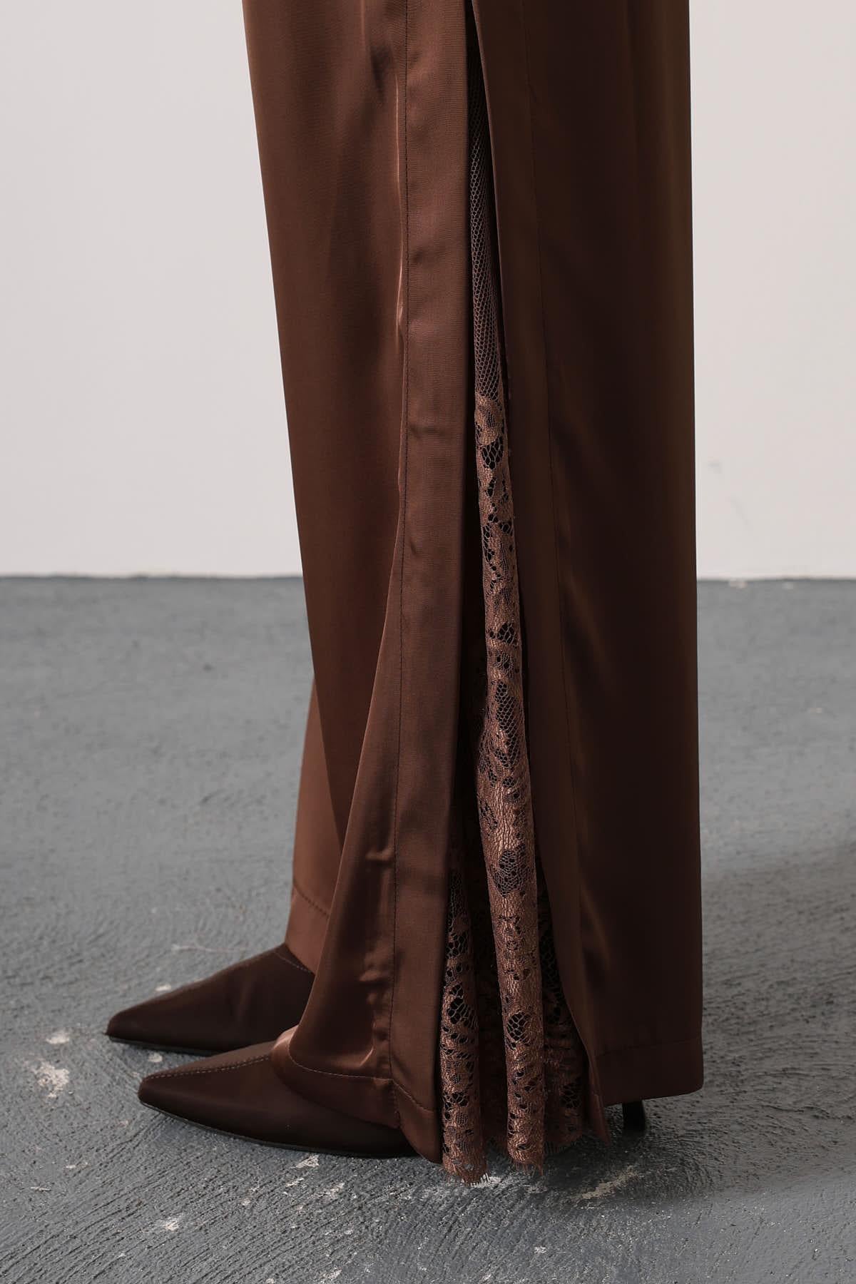 Elegant Satin Lace-Detail Wide-Leg Pants