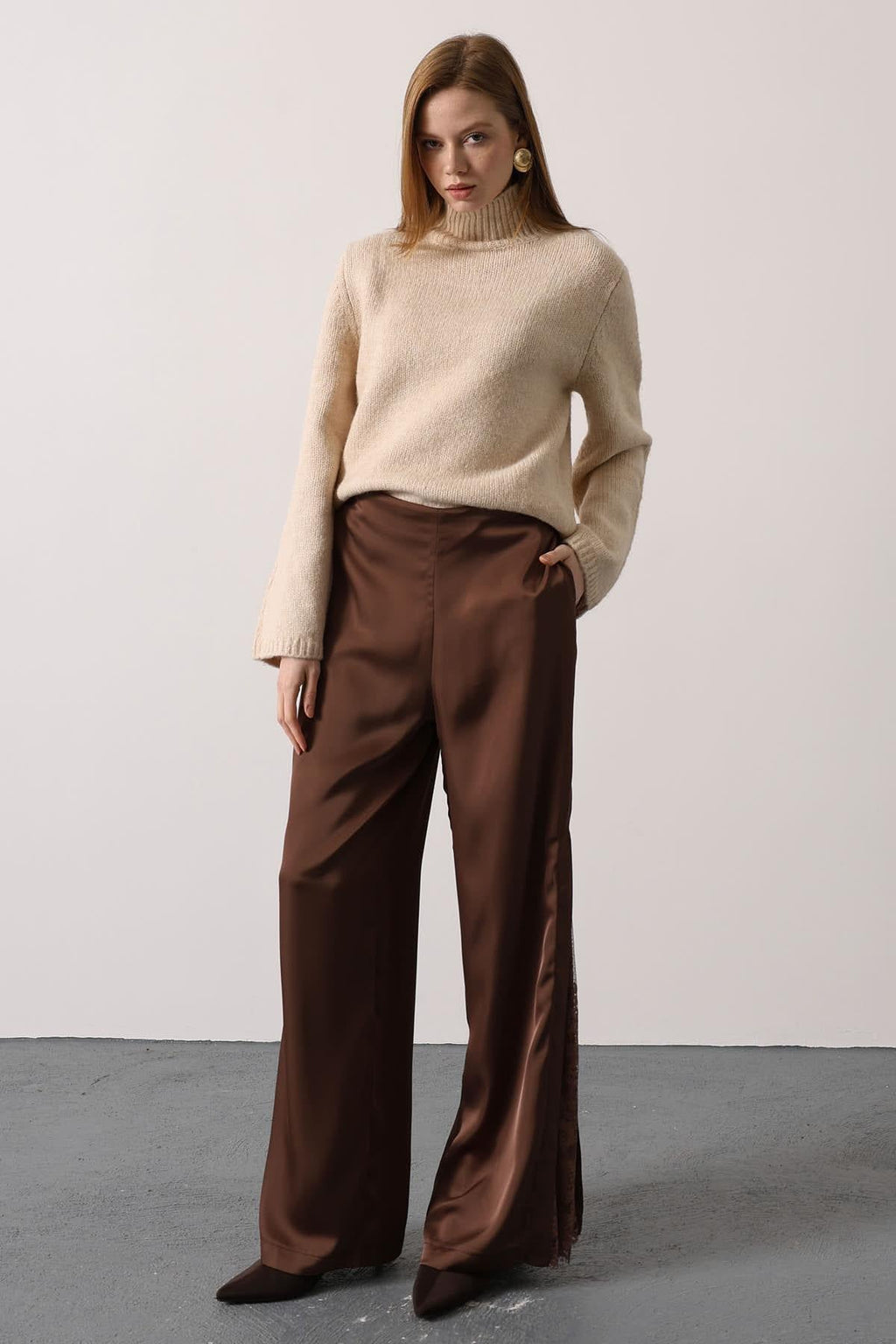 Elegant Satin Lace-Detail Wide-Leg Pants