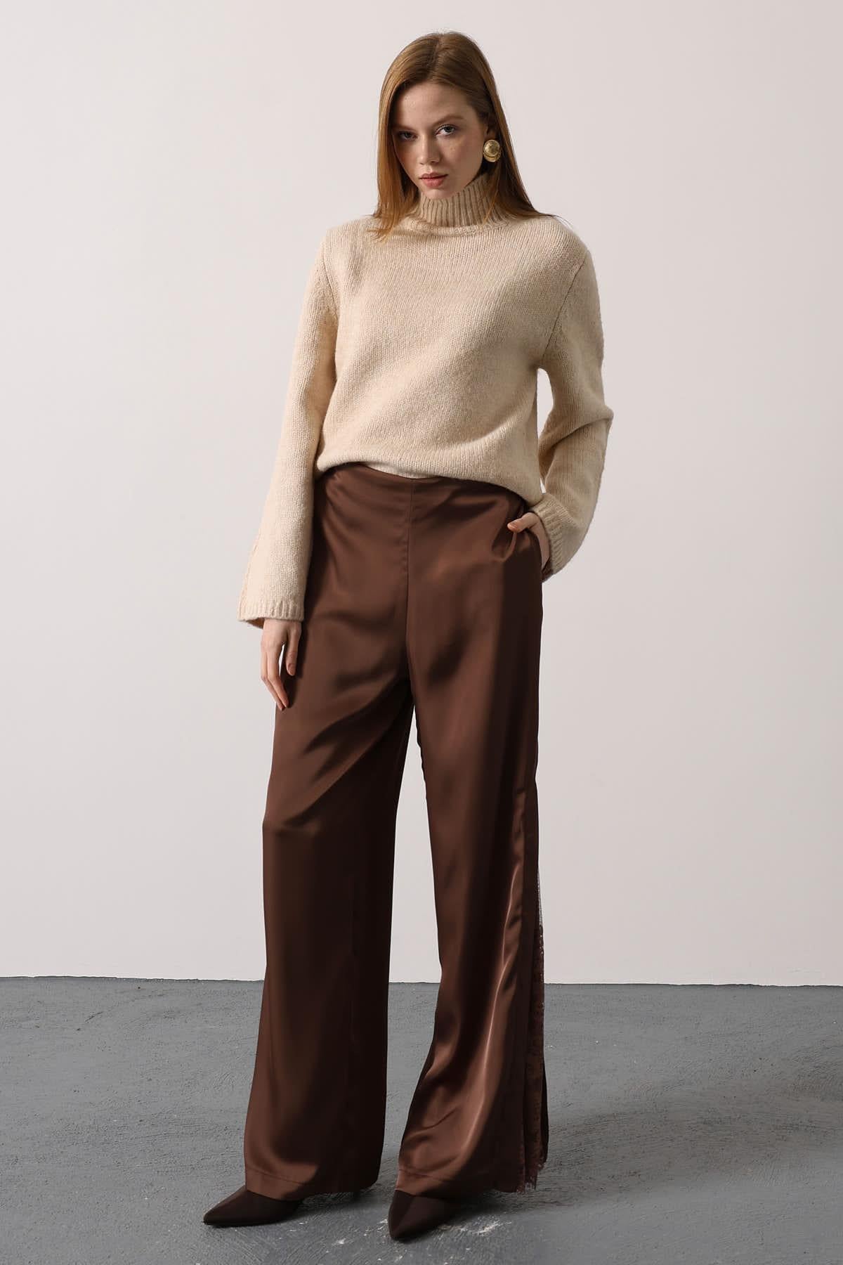 Elegant Satin Lace-Detail Wide-Leg Pants
