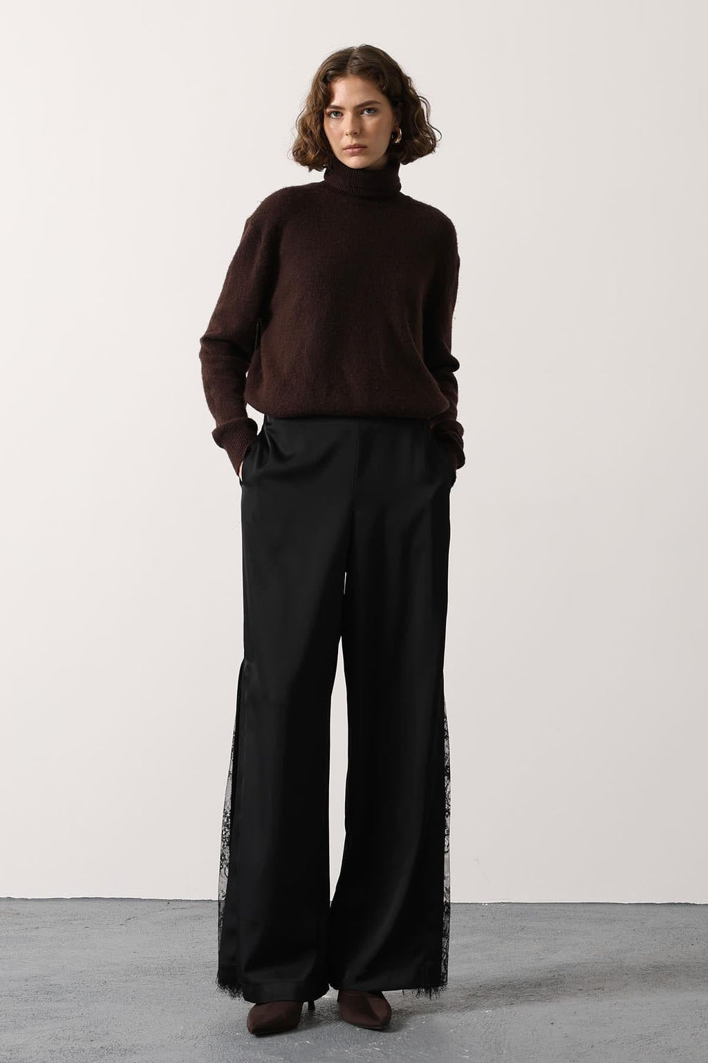 Elegant Satin Lace-Detail Wide-Leg Pants