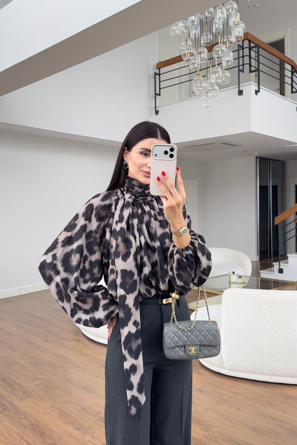 Leopard Print Tie-Neck Blouse