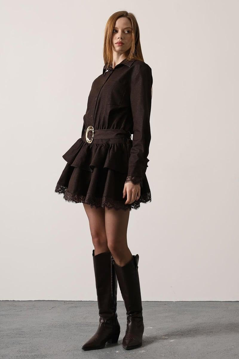 GOLD BELTED LACE DETAIL DRESS