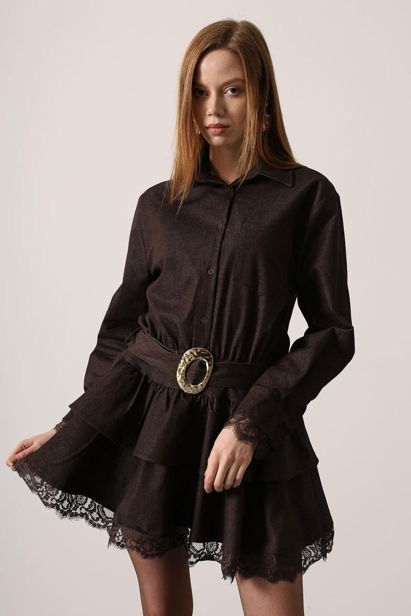 GOLD BELTED LACE DETAIL DRESS