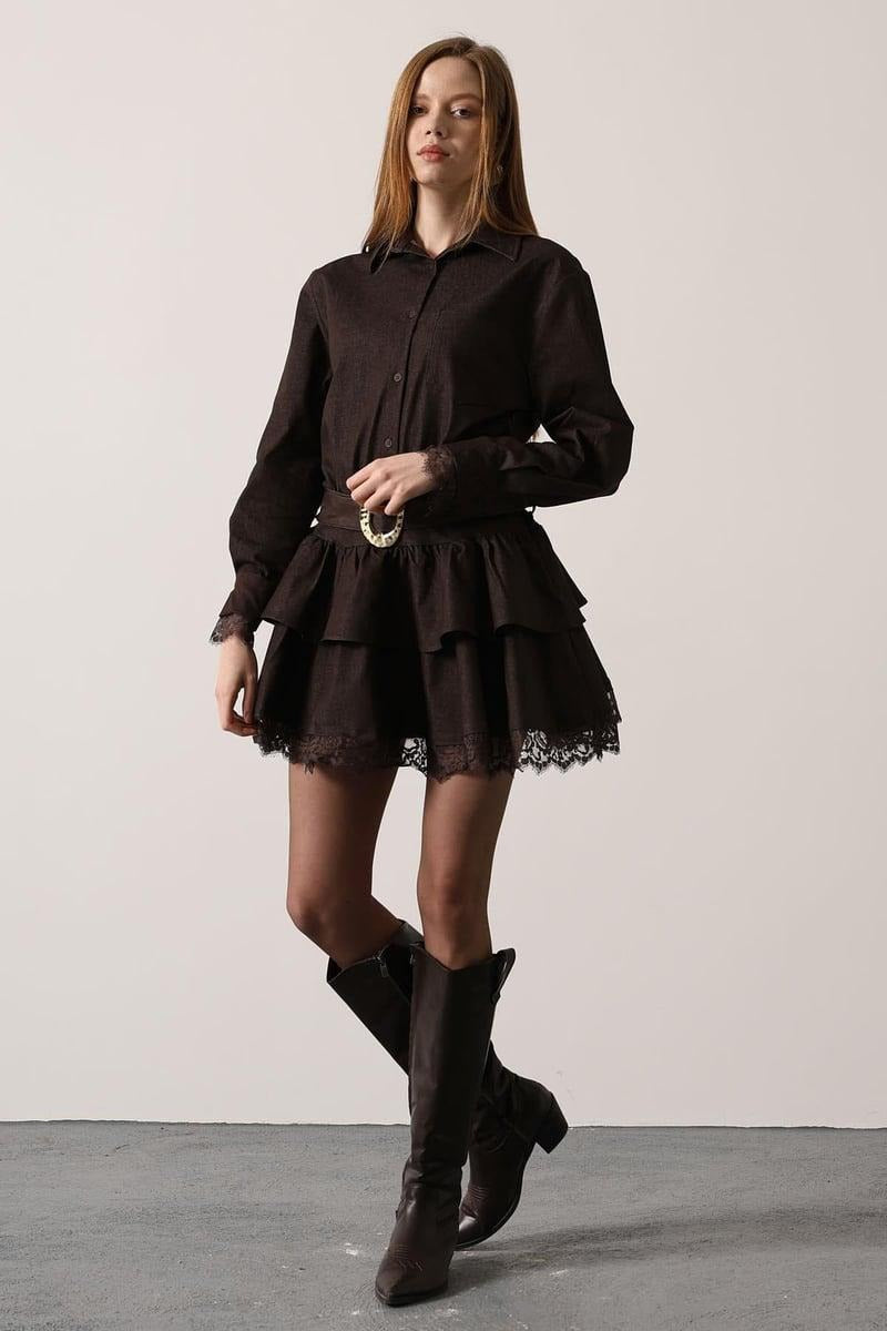 GOLD BELTED LACE DETAIL DRESS