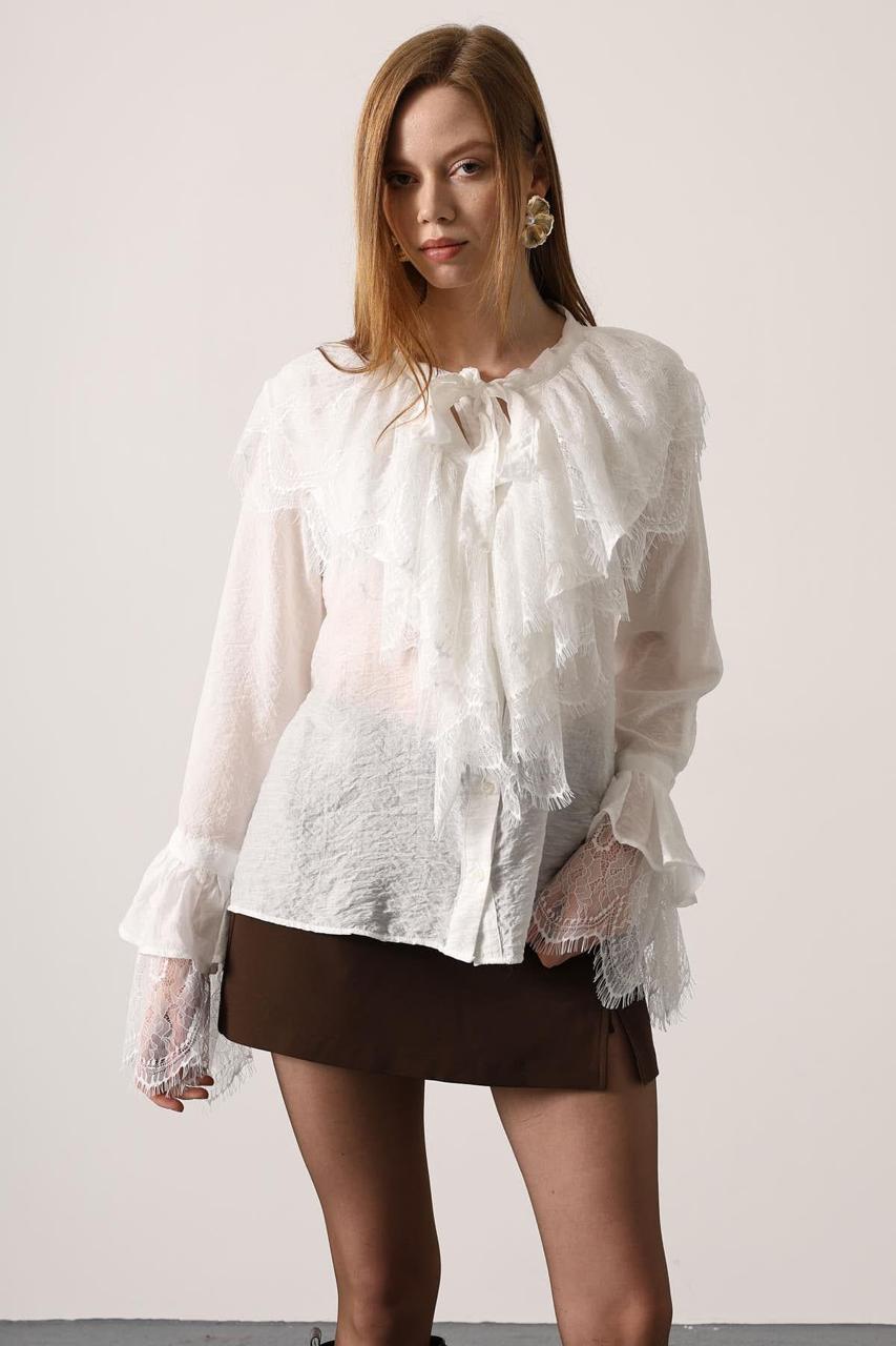 Lace Tie-Neck Chemise Blouse