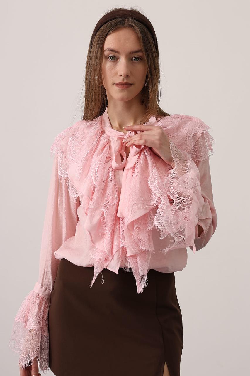 Lace Tie-Neck Chemise Blouse