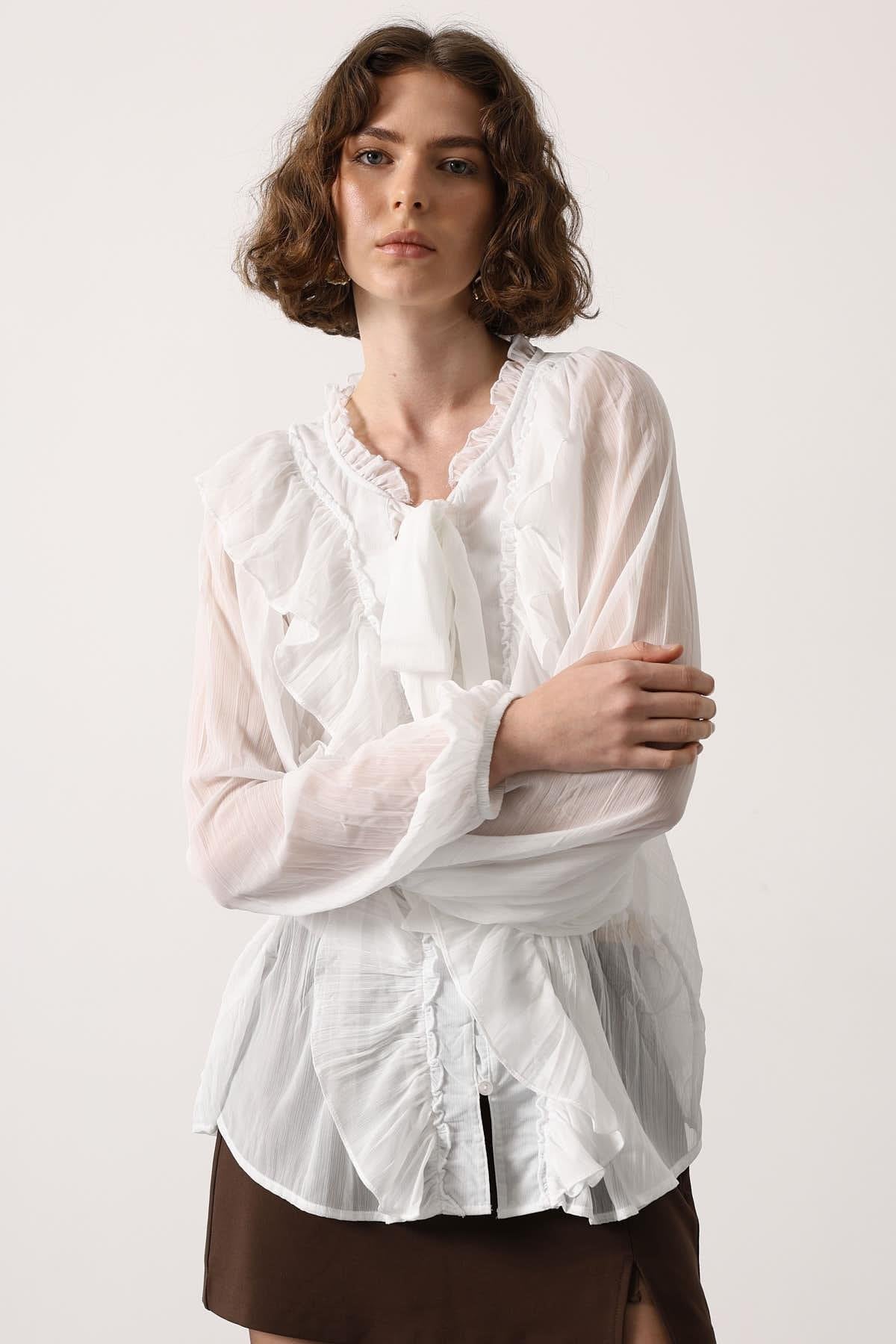 Whisper Ruffle Tie-Neck Blouse