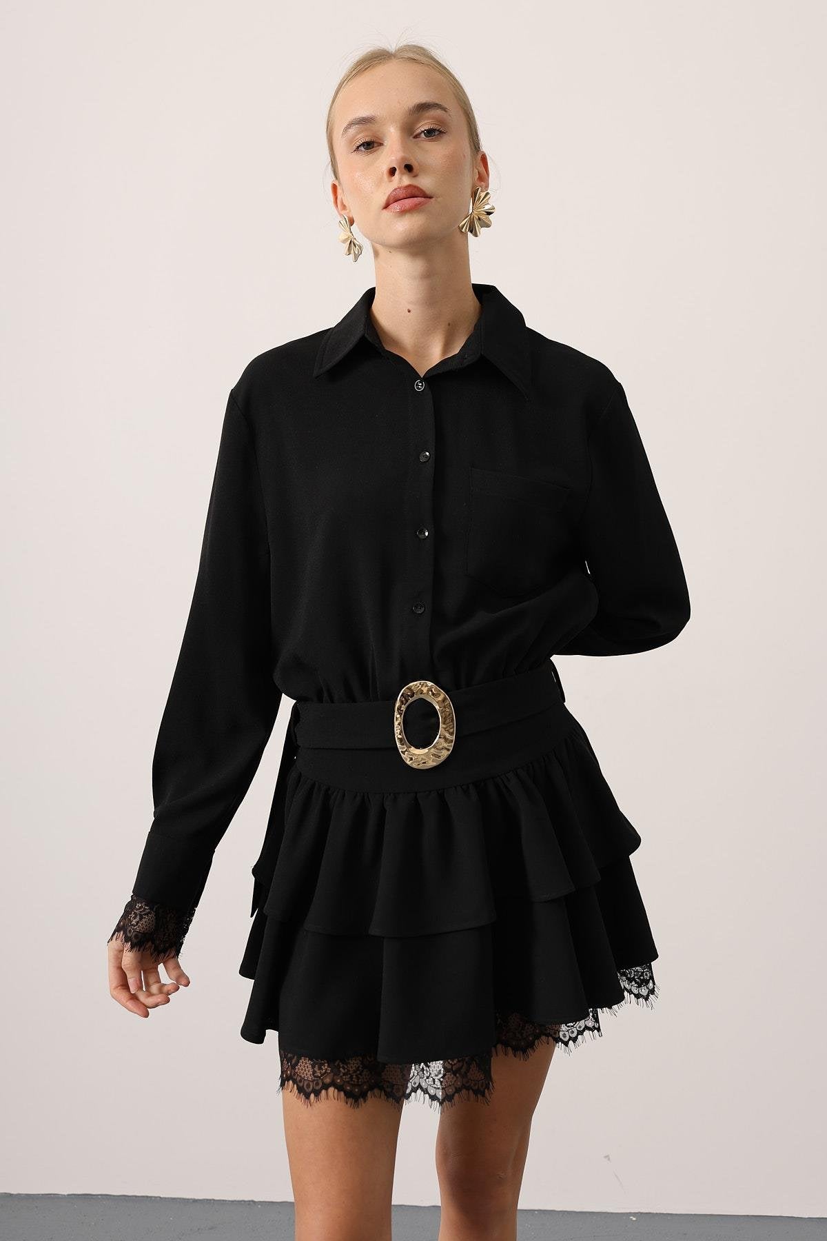 GOLD BELTED LACE DETAIL BLACK DRESS