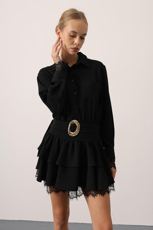 GOLD BELTED LACE DETAIL BLACK DRESS