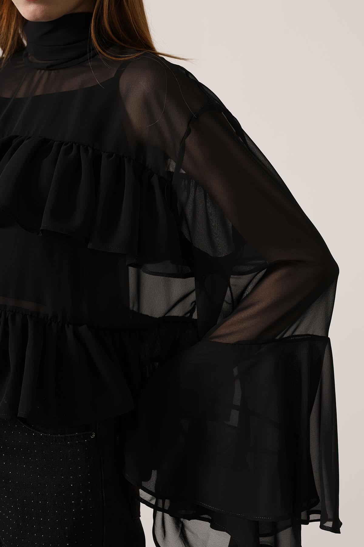Sheer Ruffle High-Neck Blouse