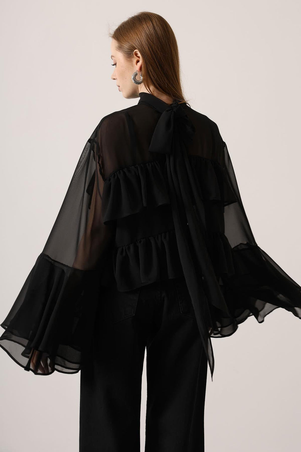Sheer Ruffle High-Neck Blouse