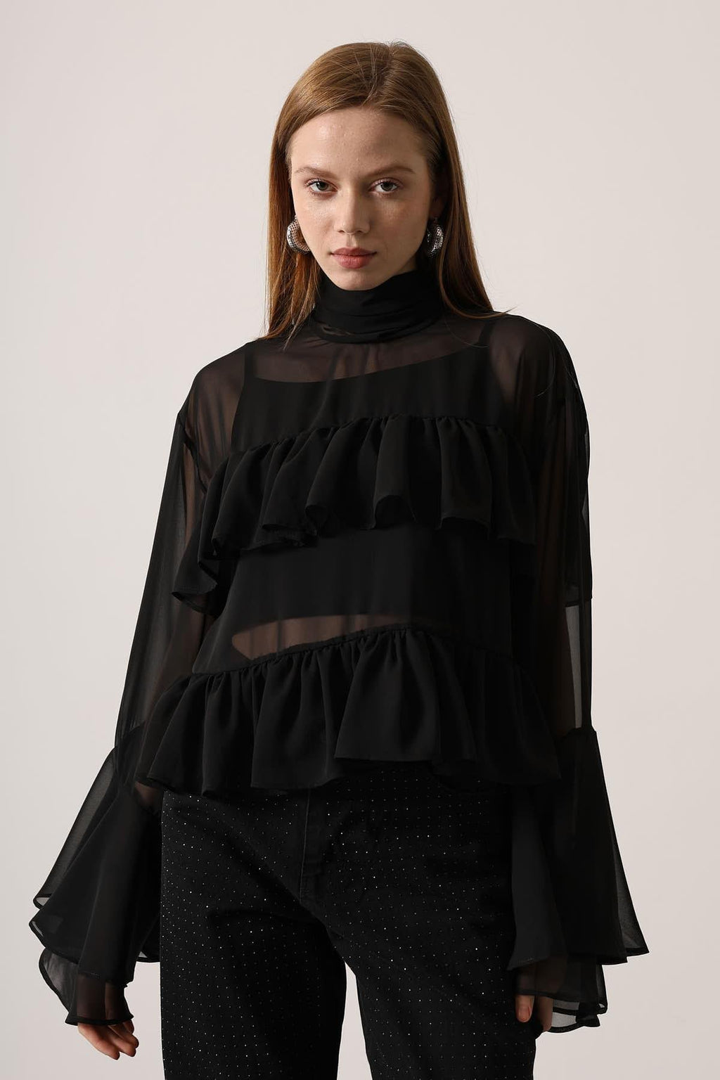 Sheer Ruffle High-Neck Blouse