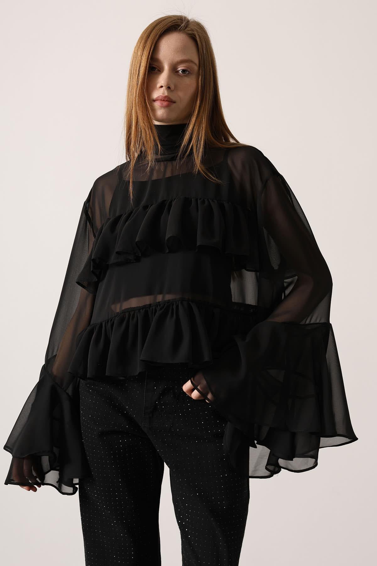 Sheer Ruffle High-Neck Blouse